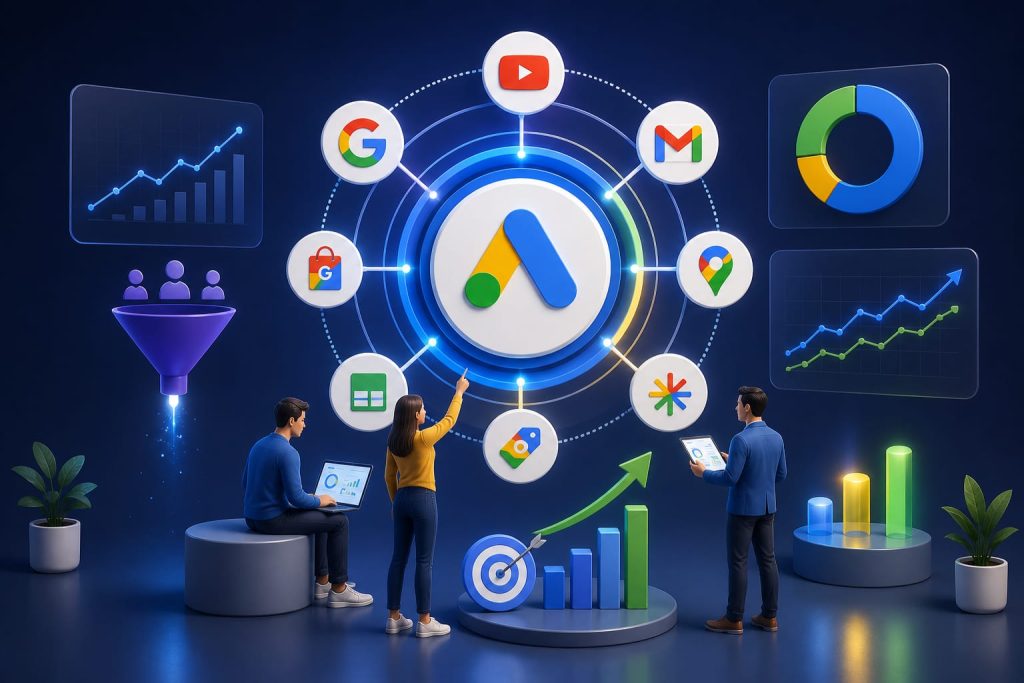 Google Performance Max campaigns showing multi-channel ads across YouTube, G-mail, Search, and Display with analytics.