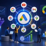Google Performance Max campaigns showing multi-channel ads across YouTube, G-mail, Search, and Display with analytics.